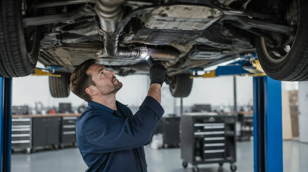 A mechanic inspecting the underside of a car on a lift