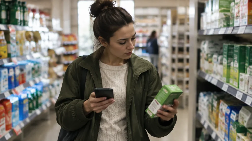 A shopper in a store comparing two products with a phone in hand