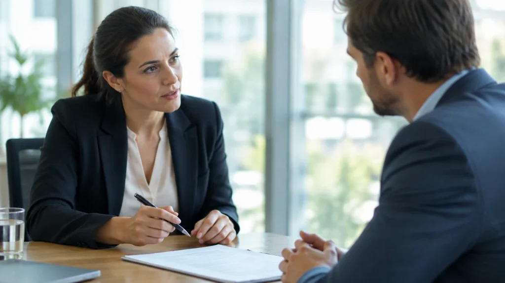 Two people discussing a quote across a table, one holding a pen over the paper