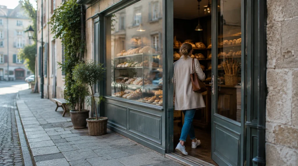 A small bakery on a quiet street, a customer going in, morning light