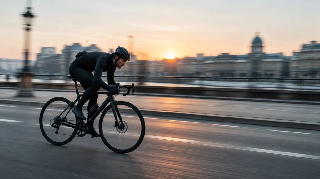 A cyclist moving fast along an empty city street at dawn