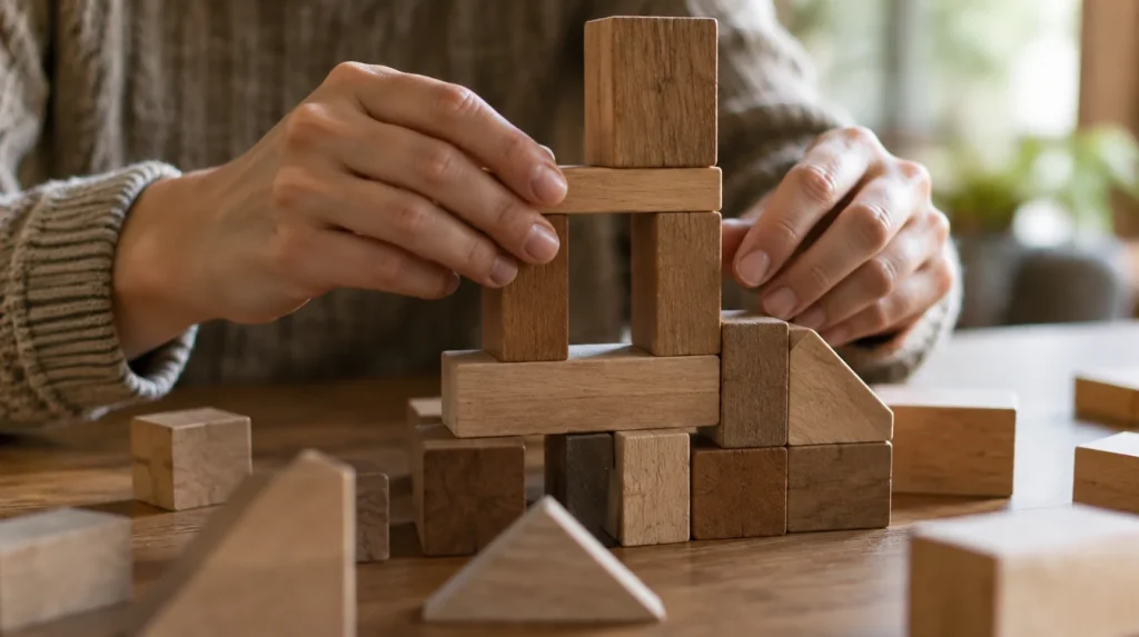 Hands stacking wooden blocks into a structure on a table