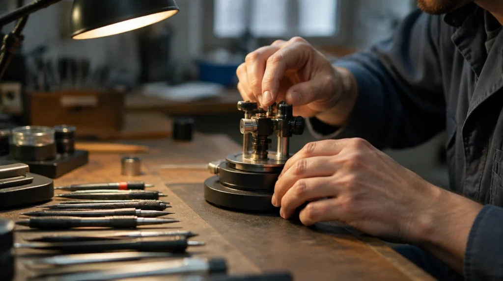 Hands adjusting a precision instrument on a workbench, tools laid out beside it