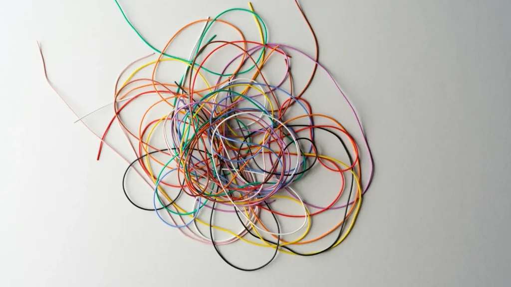 A tangle of thin colourful wires, like links between pages