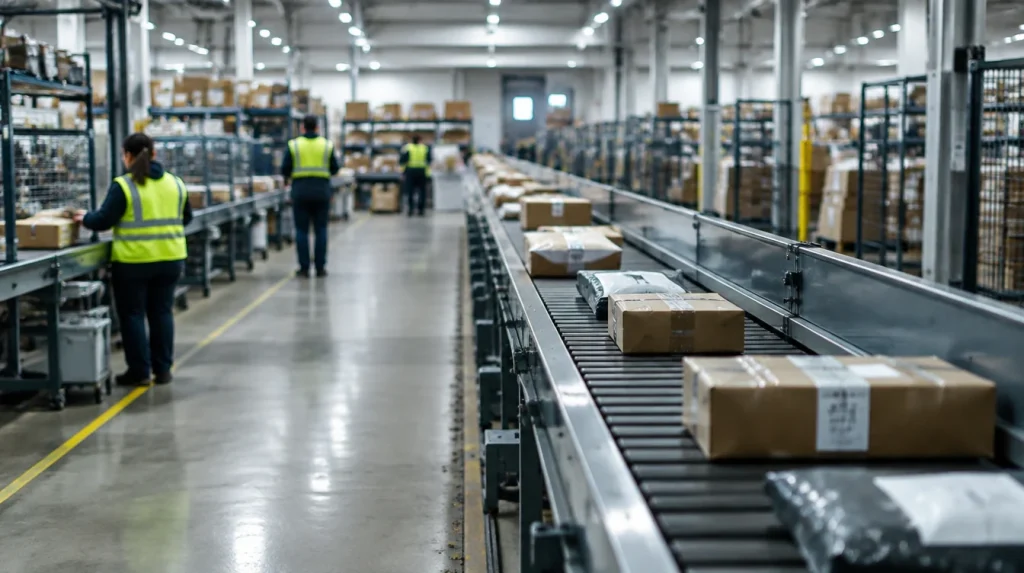 Conveyor belts carrying parcels in a distribution centre
