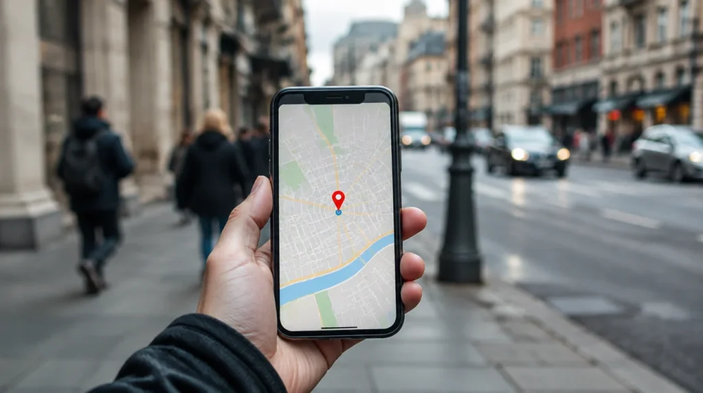 A hand holding a phone showing a map with a location pin, on a city street