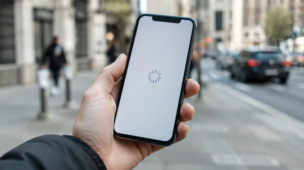 A hand holding a phone with a page still loading, a blurred city street behind it