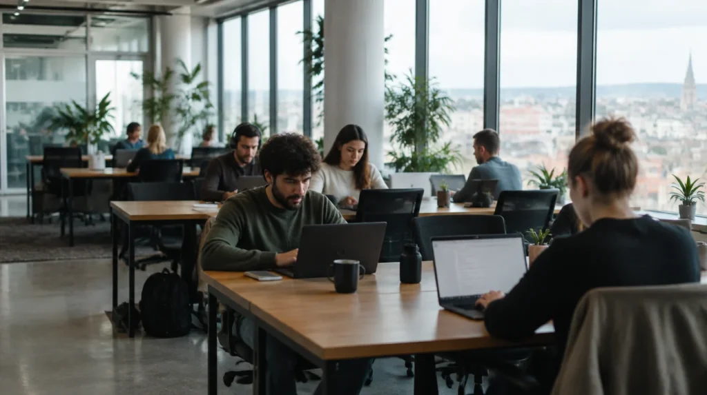 An open workspace with several people at shared desks and laptops