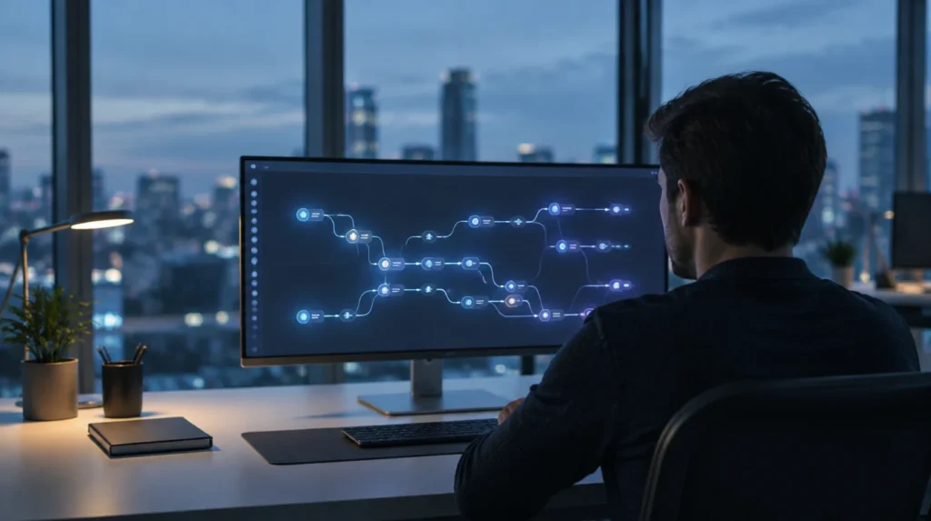 An employee watching an automated workflow on a wide monitor in a dim office