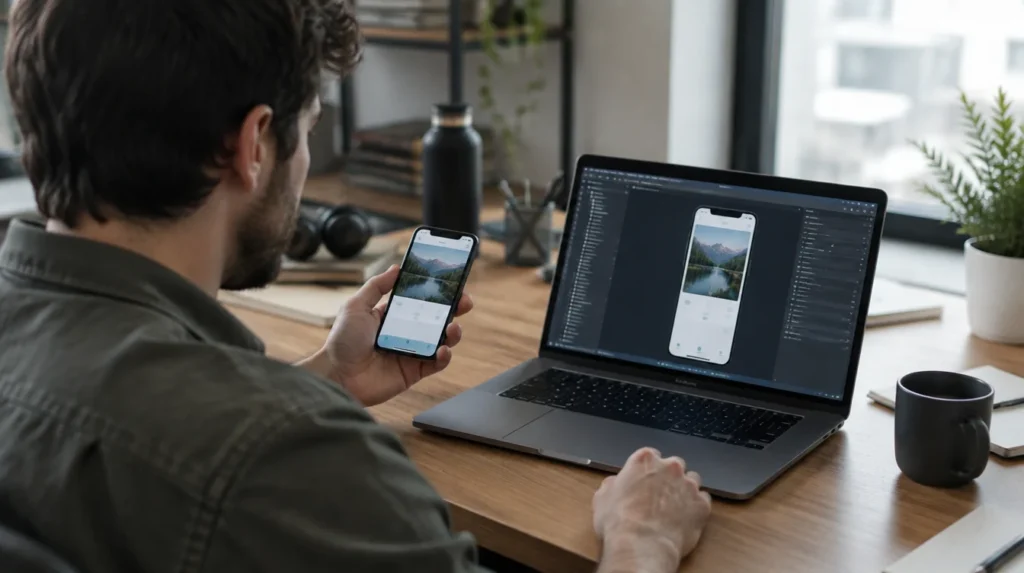A developer holding a phone testing an app, laptop with an emulator on the desk