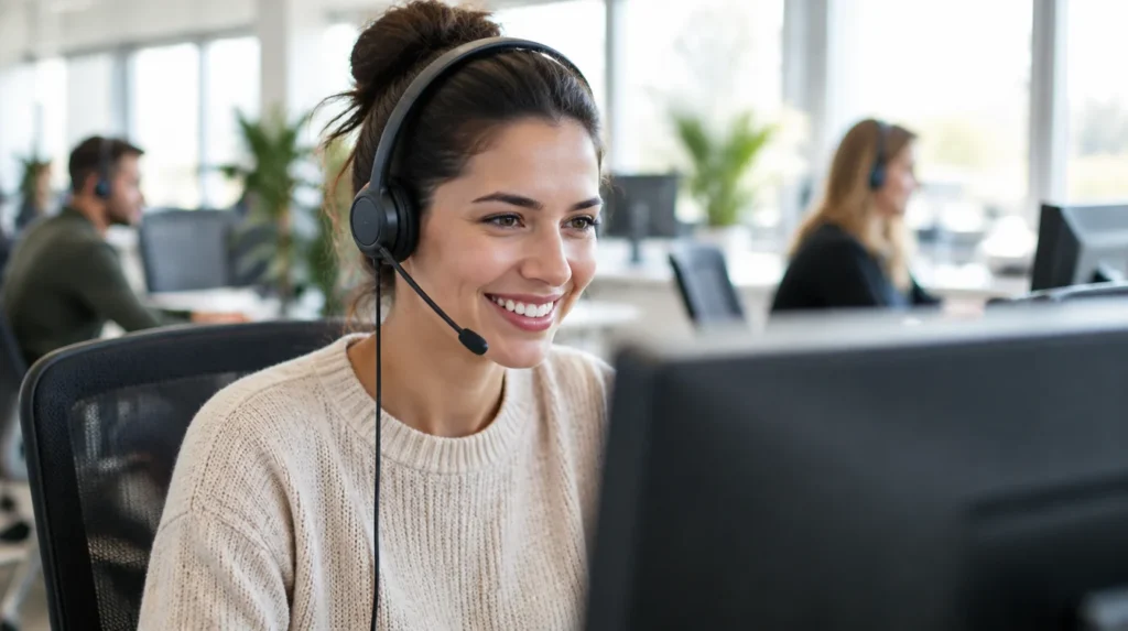 A support agent in a headset smiling in front of a monitor
