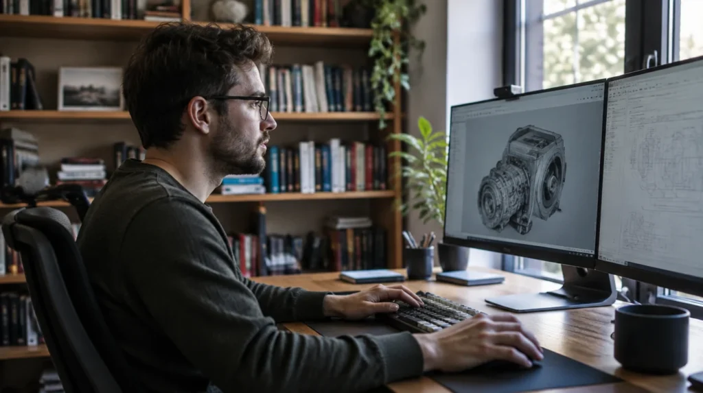 An engineer at a large workstation in a quiet home office
