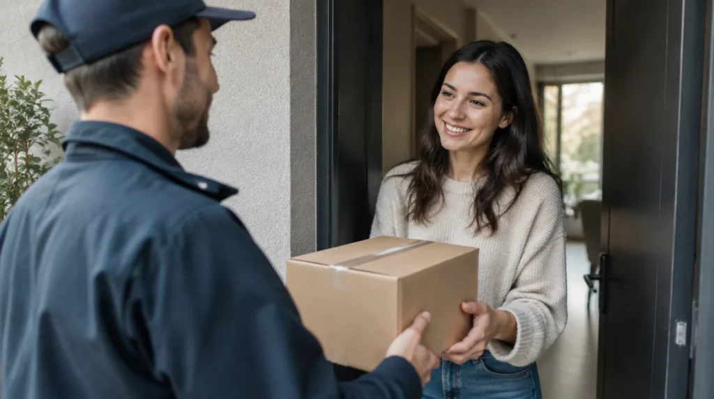 A courier handing a parcel to a smiling customer at an apartment door