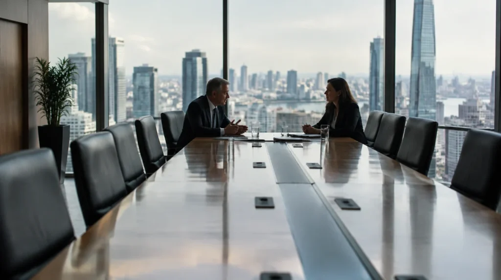 A long boardroom table with a city skyline through floor-to-ceiling glass