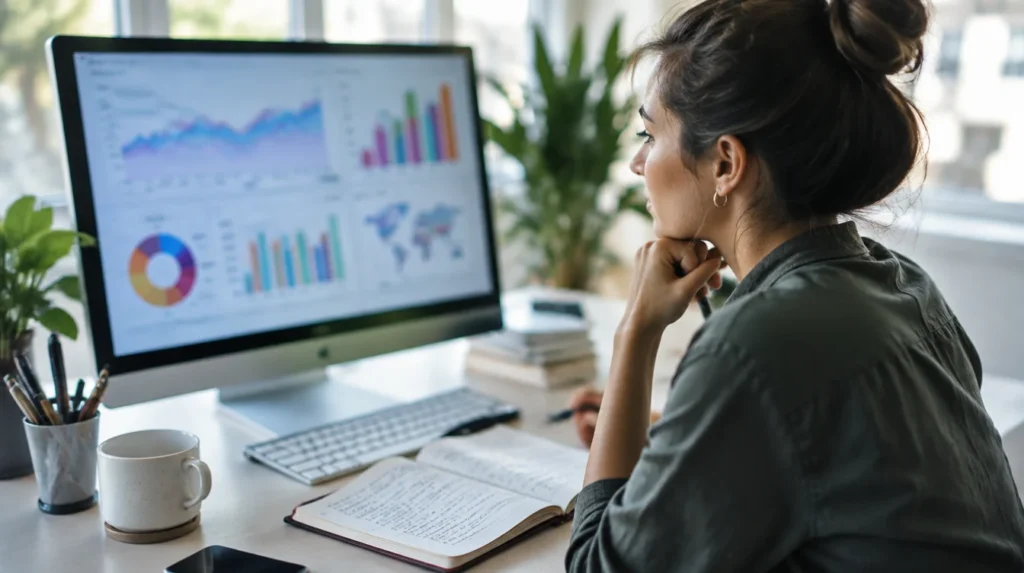 A marketing specialist watching campaign results on a large monitor