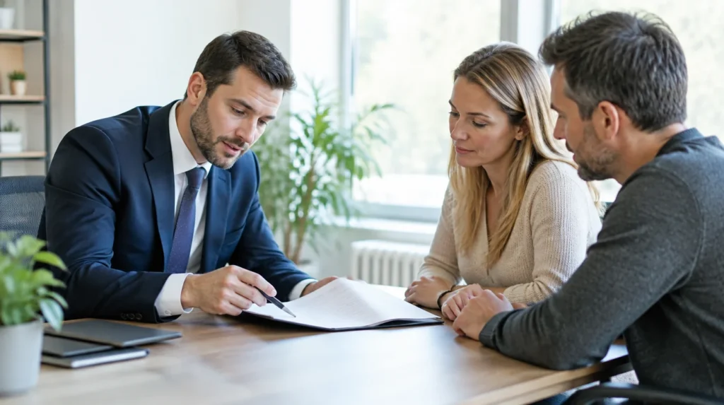 An adviser explaining a document to a couple across a desk