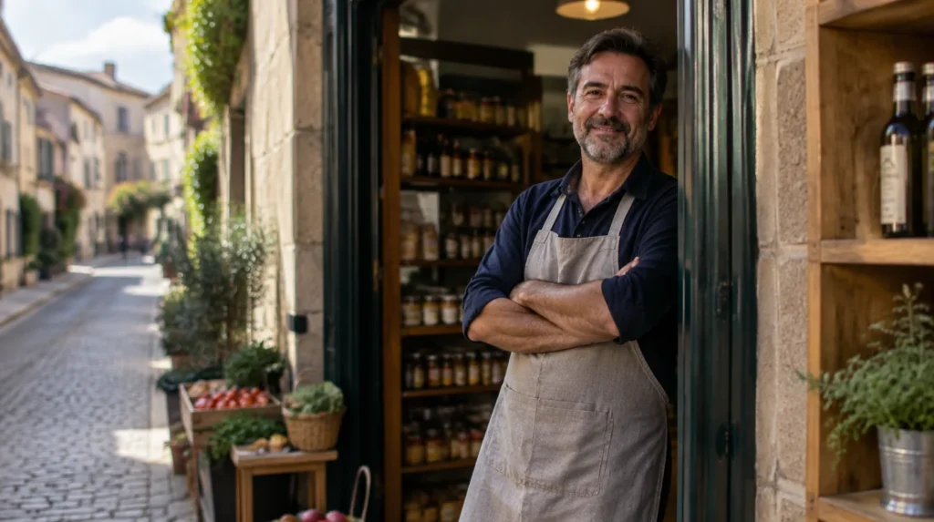 A shop owner standing in the doorway of a small store on a city street