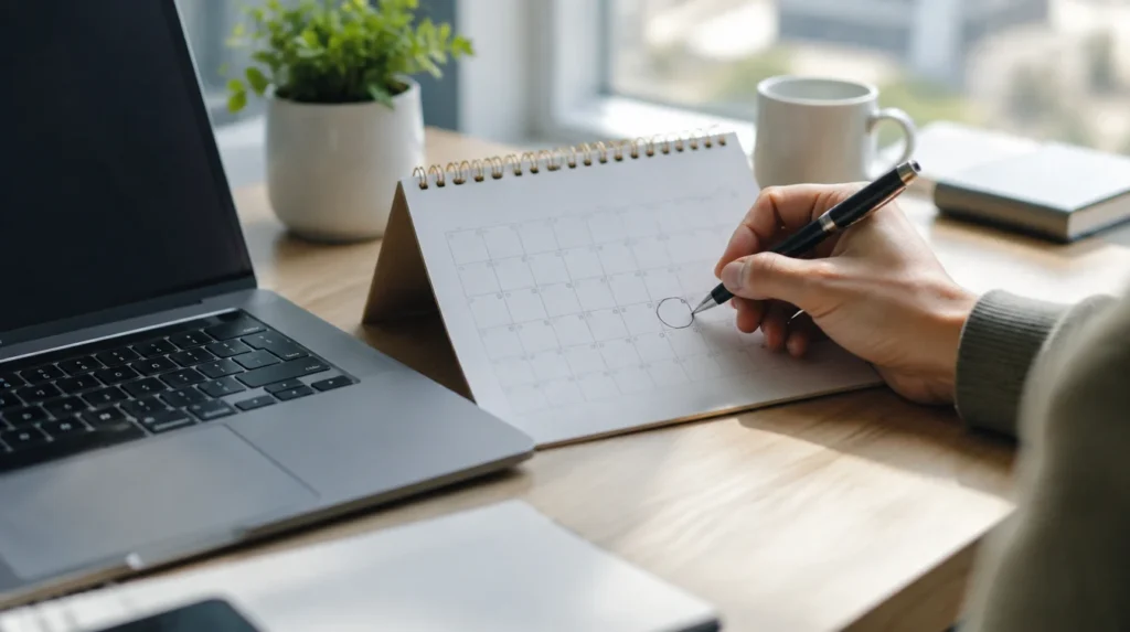 A hand marking a date on a desk calendar beside a laptop