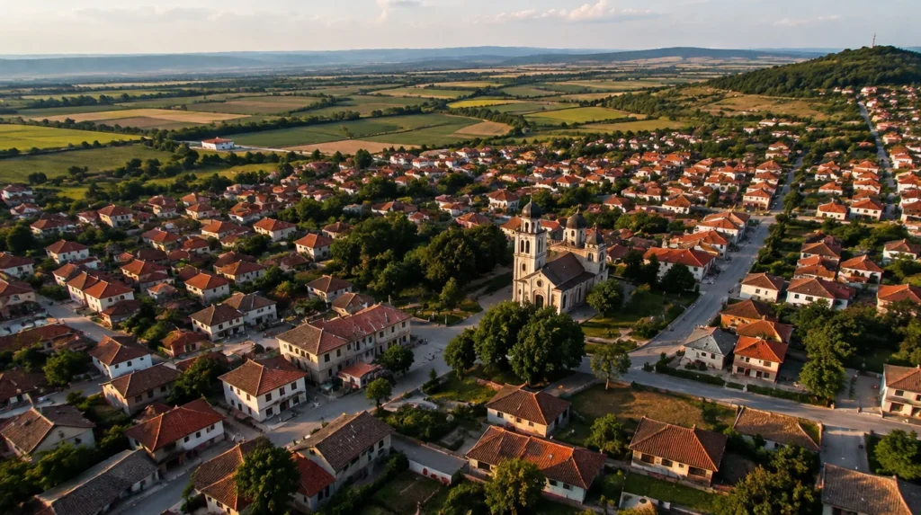 An aerial view of a small town with red roofs and farmland around it