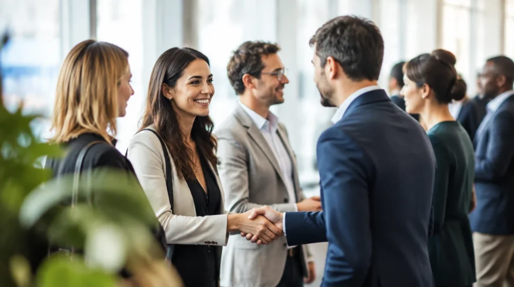 People shaking hands and talking in small groups at a business event