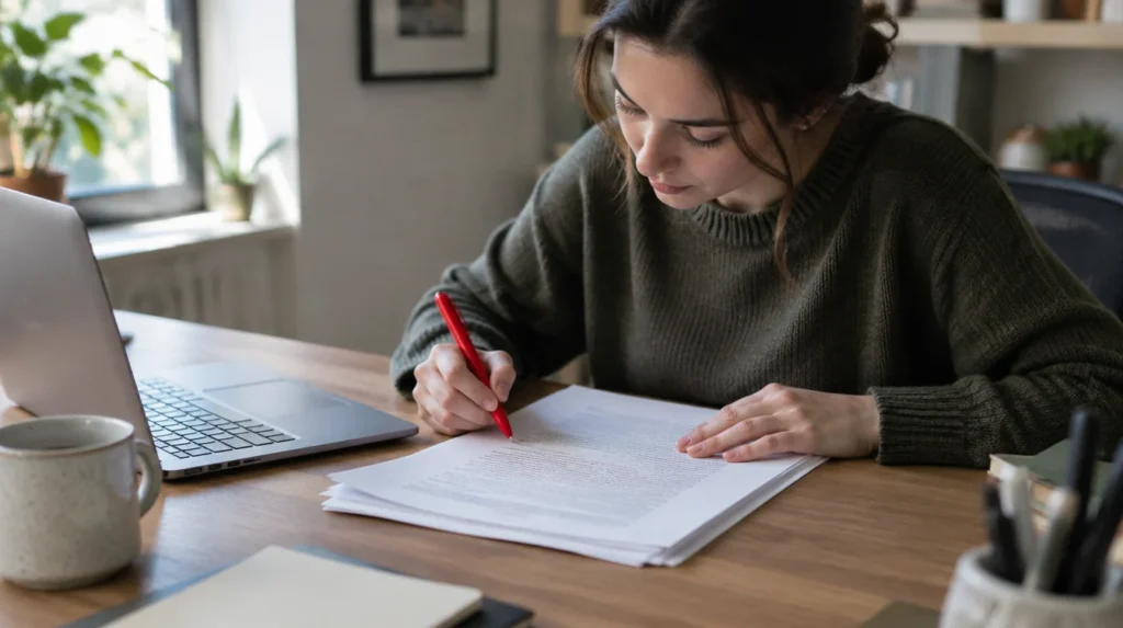 A writer marking up a printed draft with a red pen at a tidy desk