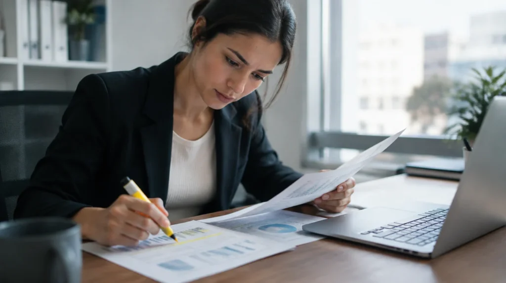 An analyst comparing two printed reports with a highlighter at a desk