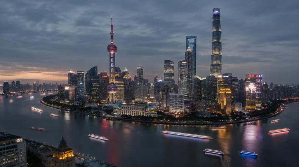 An evening skyline of Shanghai with lit towers and the river