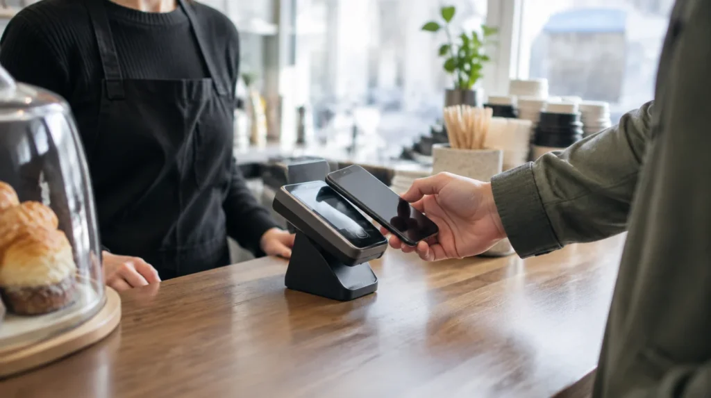 Someone paying by phone at a contactless terminal in a cafe