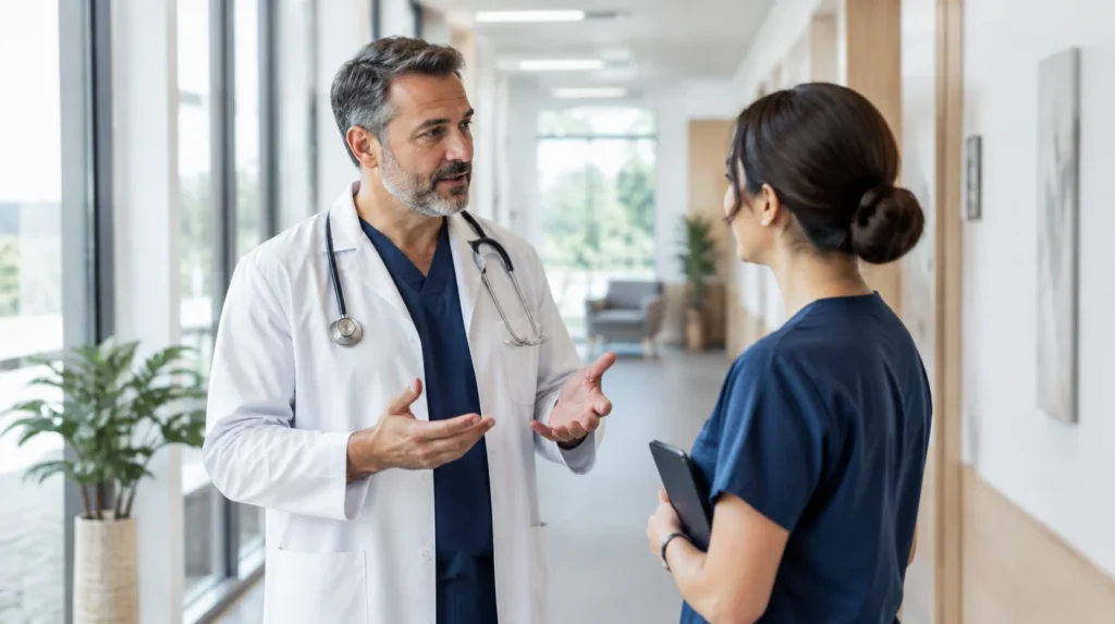 A doctor in a white coat talking with a colleague in a clinic corridor