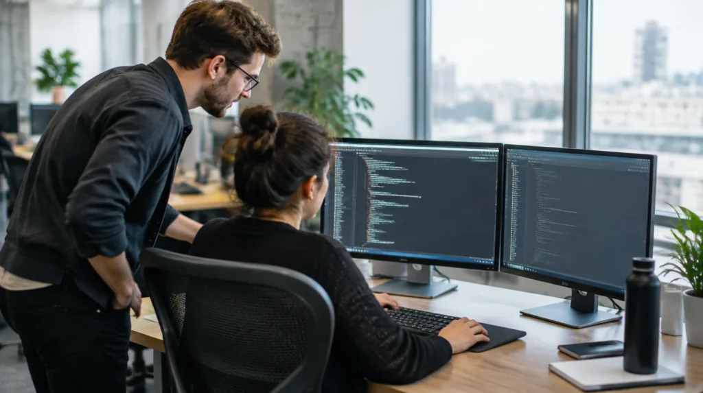 Two developers working together at a desk with two monitors