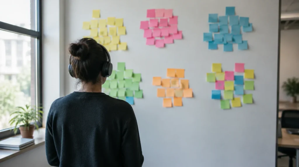 A person in headphones grouping coloured sticky notes on a wall