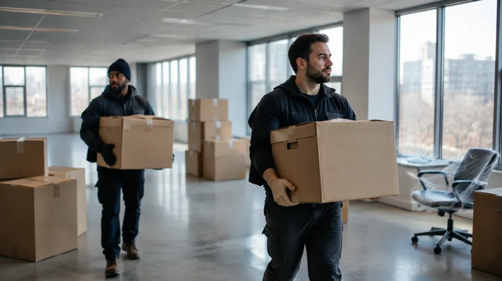 Movers carrying labelled boxes through an empty office during a relocation