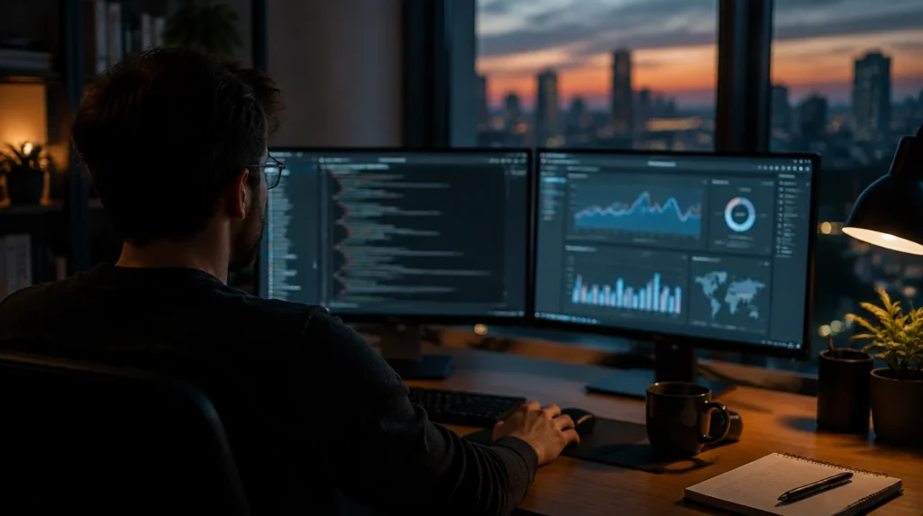 A developer at a two-monitor desk showing code and a site performance dashboard