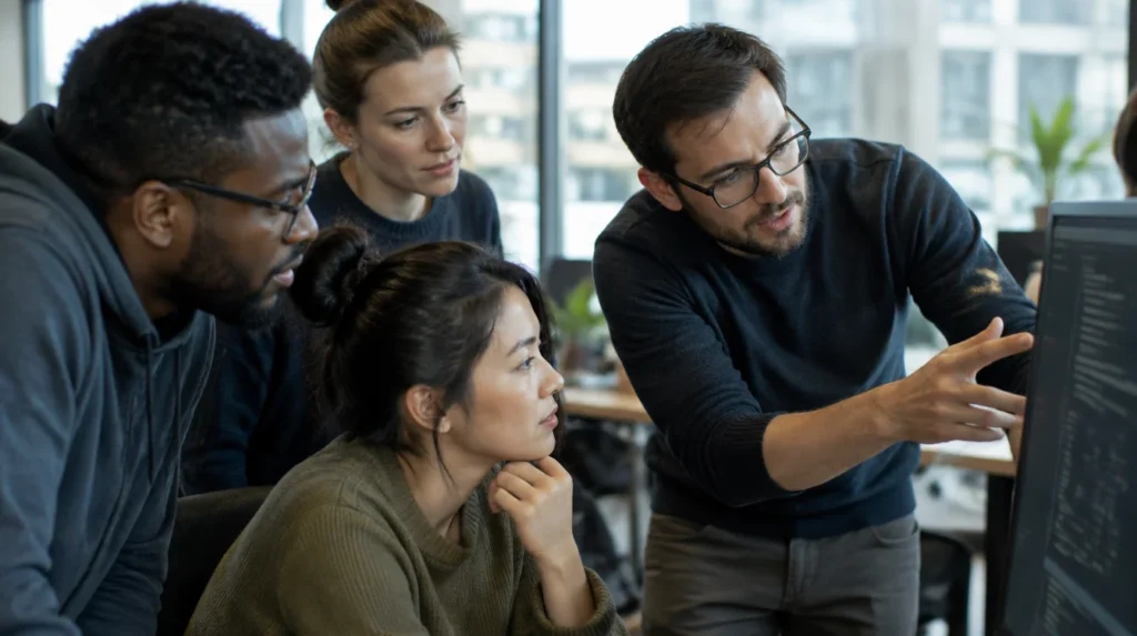 A team of developers around a monitor during a code review
