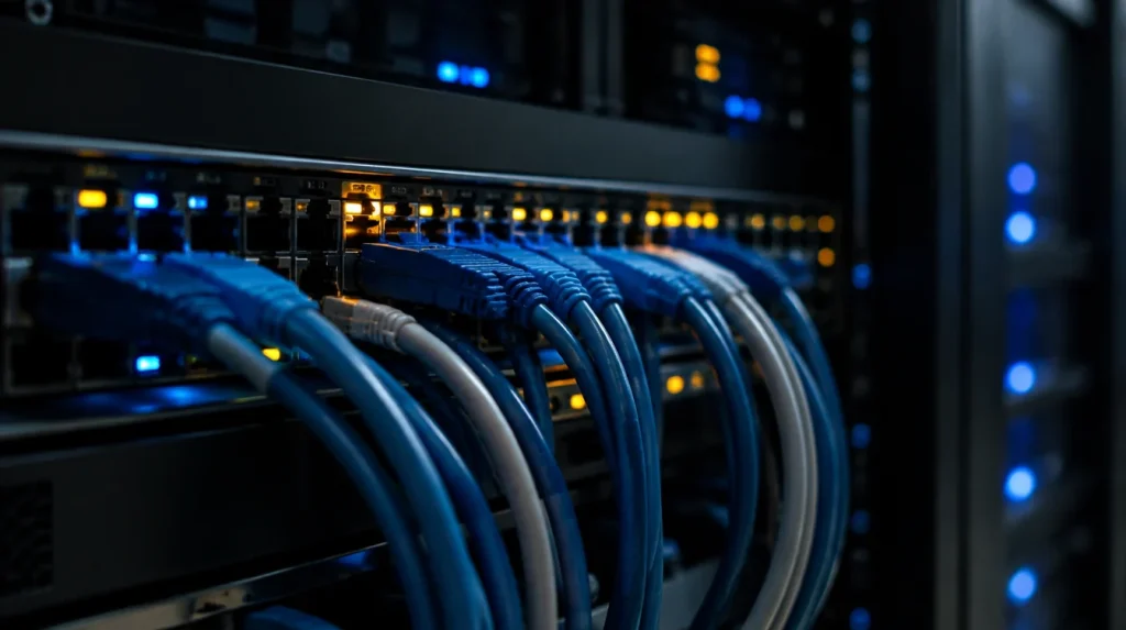Network cables plugged into a switch in a rack, blue and amber lights