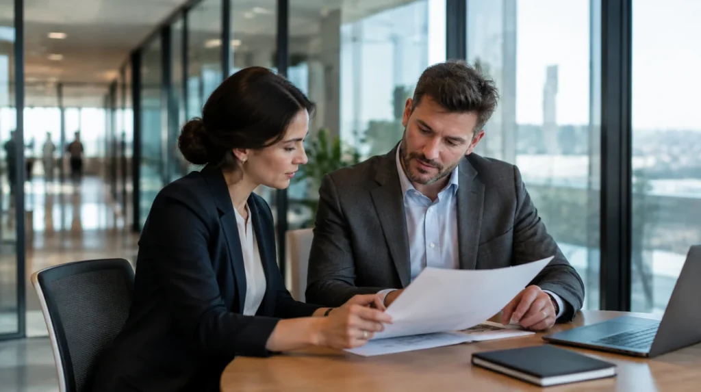 Two business people in a glass-walled meeting room going through a printed proposal