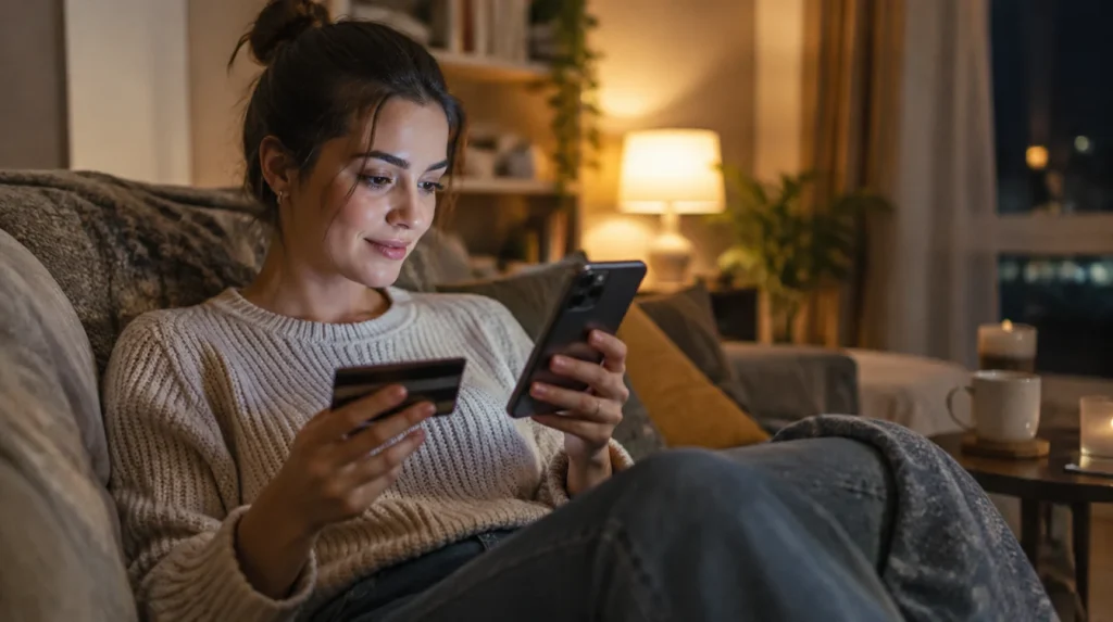 A woman on a sofa browsing an online store on her phone, card in her other hand