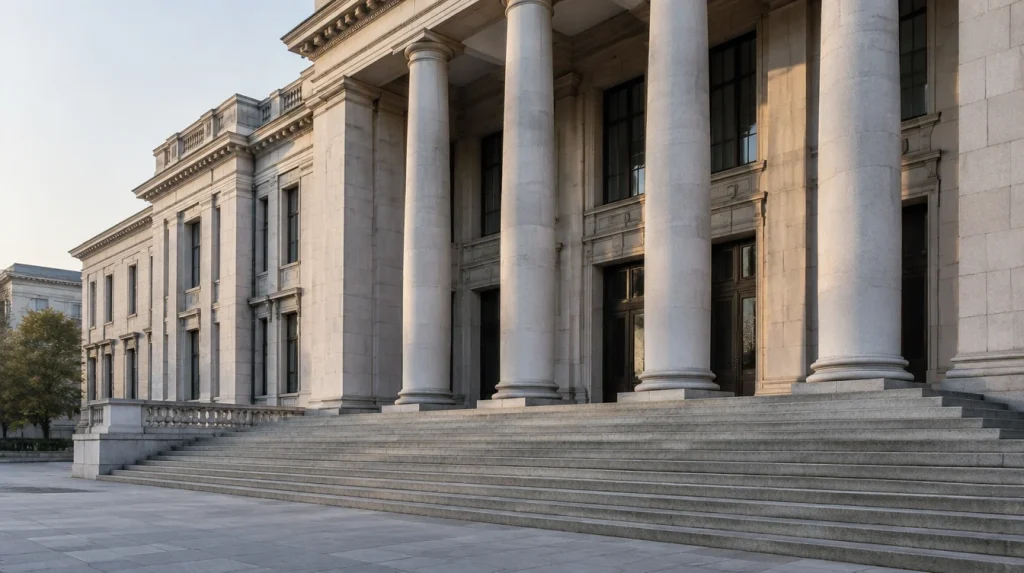 The stone facade and columns of a public building in morning light