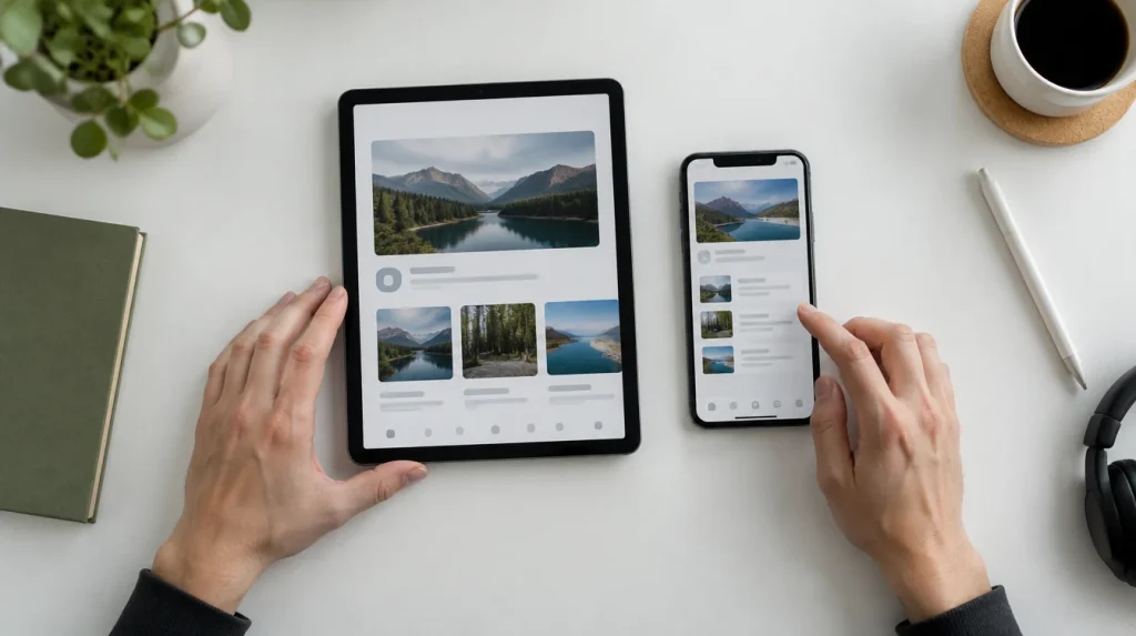 A tablet and a phone showing the same mobile screen on a white desk, from above