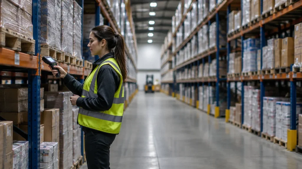 A worker scanning stock in a long warehouse aisle