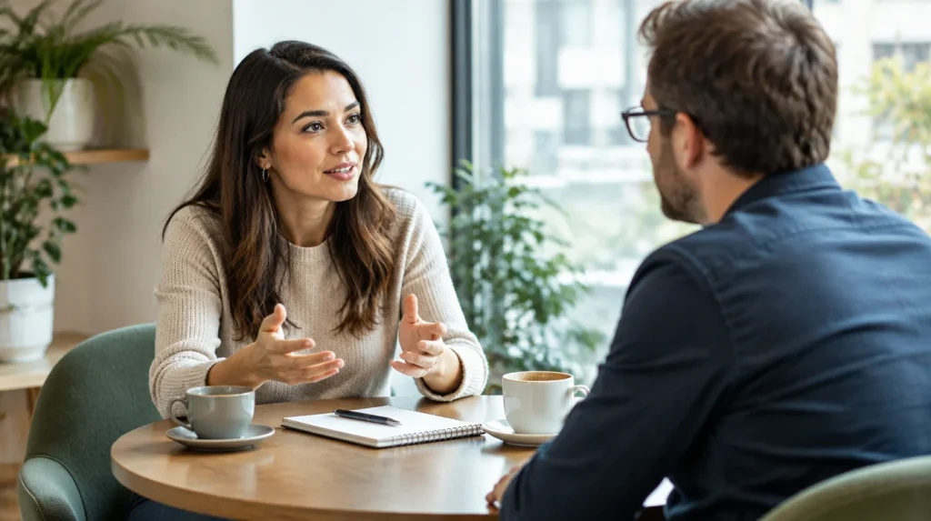 Two people talking across a round table over coffee and a notebook