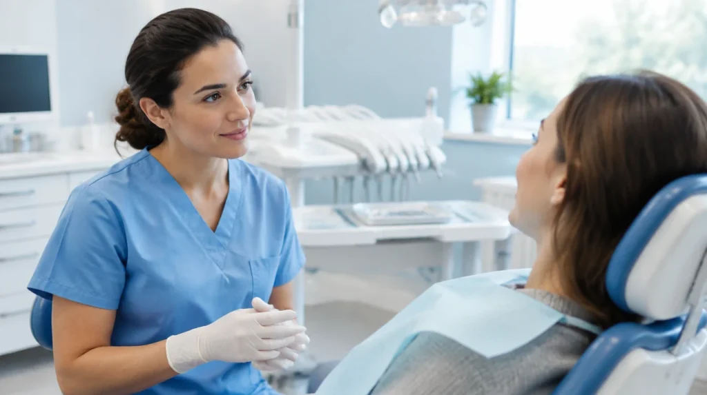 A dentist talking with a patient in the surgery before the examination