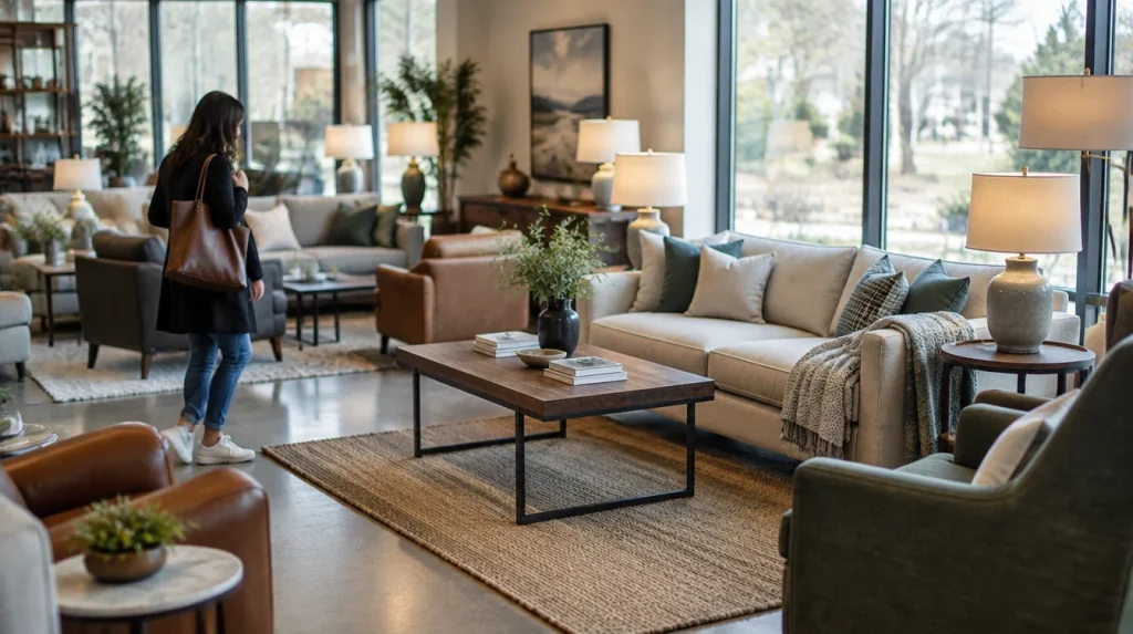 A customer browsing a furniture showroom with sofas and lamps