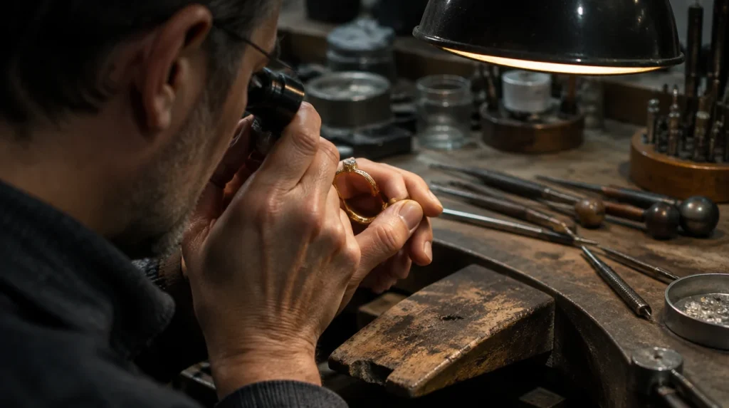 A jeweller examining a gold ring with a loupe at a workbench