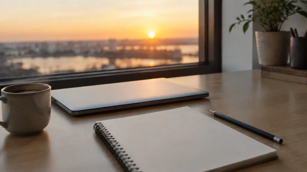 An empty notebook, a pencil, a coffee cup and a closed laptop by a window